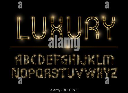 Golden shiny luxury sans-serif modern font isolated on black background. Realistic light effect. Vector illustration Stock Vector