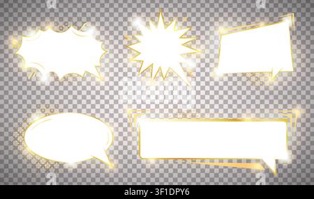 Pack of detailed empty gold shinig comic speech bubbles. Golden isolated on transparent background. Vintage art style graphic elements. Light effects. Stock Vector