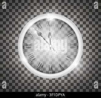 New year concept. Silver realistic transparent vintage clock isolated on transparent background. Christmass concept. Vector illustration Stock Vector