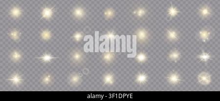 Realistic shine and glow effects big pack isolated on transparent background. Sparkles and explosion effects. Stars and light beams. Sun light effects Stock Vector