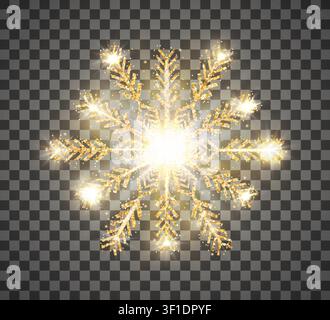 Gold shiny glitter snowflake isolated on transparent background. Christmas and New year concept. Vector illustration Stock Vector