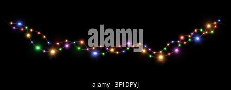 Realistic multicolored lamp Christmas lights isolated on black. Glowing led neon lamps for Xmas and New year cards, banners, posters etc. Garlands des Stock Vector