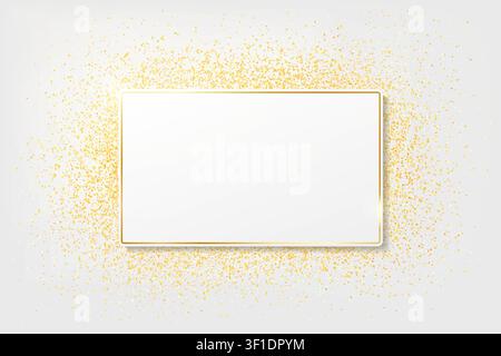 Gold shiny glowing vintage frame on white glitter ambient background. Golden luxury realistic rectangle border with stars. Invitation, sale, party, ca Stock Vector