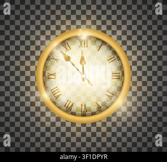 Gold realistic transparent vintage clock isolated. Christmass and New Year concept. Vector illustration Stock Vector