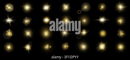 Realistic yellow and white shine and glow effects big pack isolated on black background. Sparkles and explosion effects. Stars and light beams. Vector Stock Vector