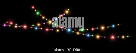 Realistic multicolored lamp Christmas lights isolated on black. Glowing led neon lamps for Xmas and New year cards, banners, posters etc. Garlands des Stock Vector