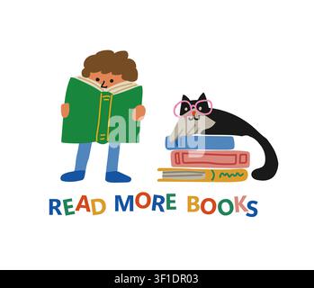 Read More Books banner with a boy reading a book, a stack of colorful books, and a sleeping cat, cheerful children illustration promoting literacy, education, learning, and reading habits for schools, libraries, classrooms, nurseries, posters, educational campaigns, and book themed projects Stock Vector