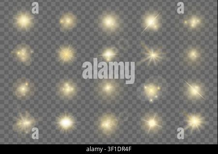 Realistic yellow and white shine and glow effects big pack isolated on transparent background. Sparkles and explosion effects. Stars and light beams. Stock Vector
