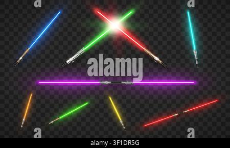 New realistic design laser neon weapons pack on transparent background. Crossed swords. Vector illustration Stock Vector