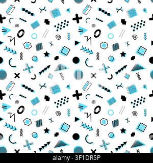 Cyan and black memphis style geometric shapes seamless texture. 90s trendy pattern. Minimalistic abstract. Vector illustration Stock Vector
