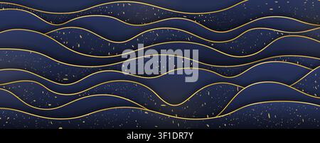 Luxury vertical paper cuted layered dark blue and gold background. 3D style realistic abstract. Vector illustration Stock Vector