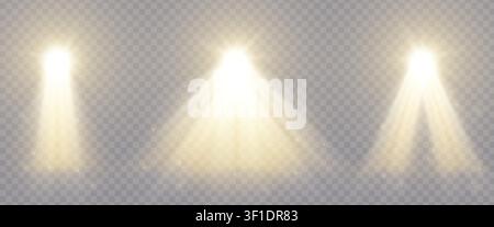 Realistic shiny illumination effects pack with stage spotlight isolated on transparent background. Sparkles and explosion effect. Stars and light beam Stock Vector