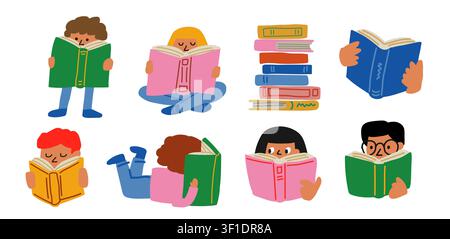 Kids reading clipart set with boys and girls reading books, colorful book stacks, and educational elements on a white background, playful collection for classroom resources, learning materials, nursery decor, stickers, posters, worksheets, and children design projects Stock Vector