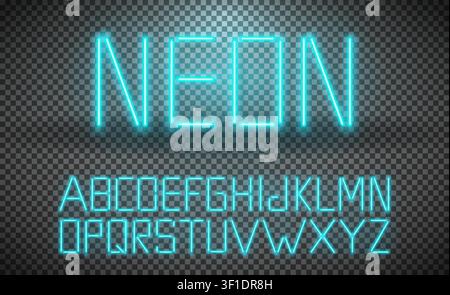 Turquoise glowing neon bar alphabet on transparent background. Glowing realistic font. Vector illustration Stock Vector