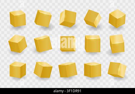 Gold shiny 3D cubes pack isolated on transparent background. Different light, perspective and angle. Vector illustration Stock Vector