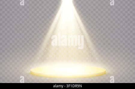 Golden round pedestal sanctified with light. Empty white podium illuminated mockup isolated on transparent background. Champion, first place, award, w Stock Vector