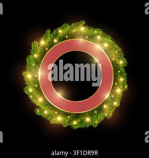 Christmas and New Year decoration. Wreath pink with golden ring and garlands. Festive decorative frame whith christmas tree isolated on black backgrou Stock Vector