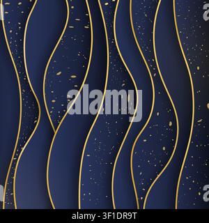 Luxury vertical paper cuted layered dark blue and gold background. 3D style realistic abstract. Vector illustration Stock Vector