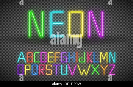 Rainbow glowing neon bar alphabet on transparent background. Glowing realistic font. Vector illustration Stock Vector