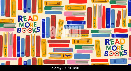 Seamless book pattern with stacked books and Read More Books lettering on a soft sandy yellow background, cozy autumn repeat design for book lovers, libraries, reading clubs, back to school projects, fabric, wallpaper, wrapping paper, and educational decor Stock Vector