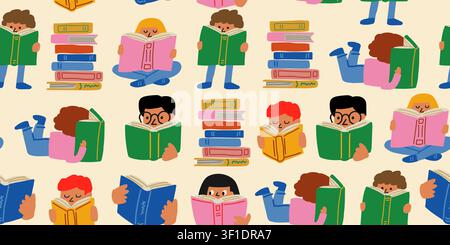 Seamless reading kids pattern with boys and girls enjoying books, colorful book stacks, and educational elements on a soft sandy background, playful back to school repeat design for kids fabric, classroom decor, nursery wallpaper, wrapping paper, and learning themed projects Stock Vector