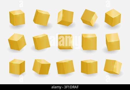 Golden shiny 3D render style cubes pack isolated on white background. Different light, perspective and angle. Vector illustration Stock Vector