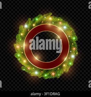 Christmas and New Year decoration. Wreath red with golden ring and garlands. Festive decorative frame whith christmas tree isolated on transparent bac Stock Vector