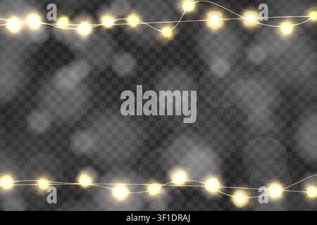 Yellow realistic Christmas lights decorations isolated on dark transparent background. For greeting cards. Vector illustration Stock Vector