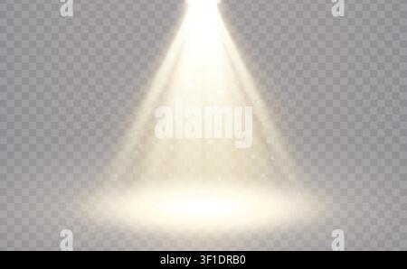 Realistic shiny illumination effect with stage spotlight isolated on transparent background. Sparkles and explosion effect. Stars and light beams. Sun Stock Vector