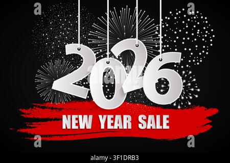 New Year sale 2026 black concept with fireworks. Christmas and Chinese New Year decor. New year card or sale concept. Vector illustration Stock Vector