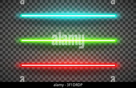 Realistic led neon tube light pack isolated on transparent background. Cyan, green and red light. Vector illustration Stock Vector