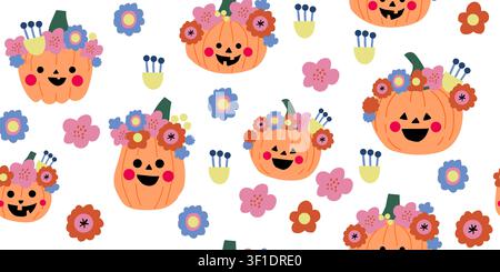 Seamless Halloween pumpkin and floral pattern with cute orange pumpkins wearing flower crowns on a white background, playful festival inspired repeat design for kids fabric, nursery wallpaper, baby textiles, wrapping paper, scrapbook paper, and cheerful seasonal decor Stock Vector