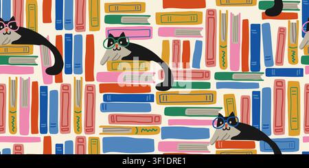 Seamless book and cat pattern with colorful stacks of books and a cute smart cat wearing glasses on a soft sandy beige background, cozy reading themed repeat design for book lovers, libraries, classrooms, fabric, wallpaper, wrapping paper, and educational decor Stock Vector
