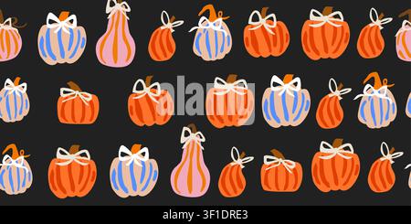 Seamless pumpkin pattern with stylish minimalist pumpkins and white bows on a black background, trendy Halloween repeat design in modern cartoon flat style for fabric, wallpaper, wrapping paper, seasonal decor, scrapbook paper, and contemporary autumn projects Stock Vector