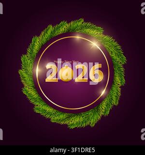New Year 2019 purple greeting card concept with christmas tree branches. Christmas and Chinese New Year decor. New year card or sale concept. Vector i Stock Vector