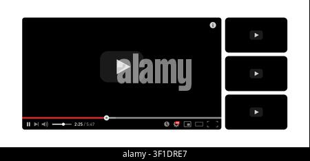 Black and white video player concept template for web and mobile apps flat style isolated on white background. Vector illustration Stock Vector