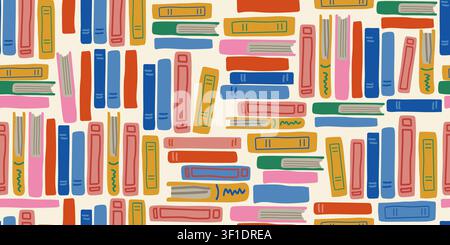 Seamless colorful book stack pattern with bright piles of books on a soft sandy beige background, cozy educational repeat design for libraries, schools, reading clubs, book lovers, fabric, wallpaper, wrapping paper, and learning themed projects Stock Vector