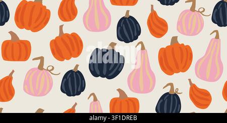 Seamless pumpkin pattern with stylish orange, pink, black, and brown pumpkins on a warm beige background, trendy autumn harvest repeat design for kitchen textiles, wallpaper, wrapping paper, scrapbook paper, Halloween decor, and modern seasonal home projects Stock Vector