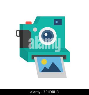 Teal instant camera flat illustration printing landscape photo Stock Vector