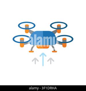 Drone quadcopter icon taking off with upward arrow on white background Stock Vector