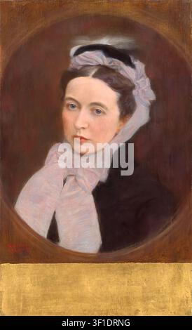 Gustav Klimt – Portrait of a Lady (Frauenbildnis), c. 1897–1898. Oil on cardboard, portrait featuring a bust-length view of a woman with dark hair turned slightly left, looking toward the viewer, wearing a dark garment and a light purple scarf wrapped around her head and neck, set within an oval frame format against a dark background with a golden rectangular bar at the bottom Stock Photo