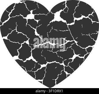 Dark grey cracked broken heart shape with grunge distressed texture, concept for heartbreak divorce depression illness fragility grief flat abstract sign sad emotion symbol illustration isolated on white background Stock Vector