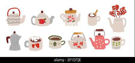 Cozy tea and coffee clipart set with decorative teapots, Italian moka pots, ceramic cups, hot drinks, and viburnum berry accents in warm autumn colors Stock Vector