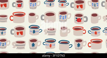 Seamless cozy mug pattern with stylish coffee cups, cocoa mugs, ceramic drinkware, and Scandinavian inspired kitchen elements on a warm beige background, charming repeat design for fabric, wallpaper, wrapping paper, kitchen decor, and cozy autumn projects Stock Vector