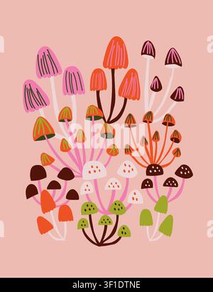 Woodland mushroom poster featuring a curated collection of colorful forest fungi, chanterelles, porcini mushrooms, fly agarics, and clustered mushrooms in a stylish Scandinavian inspired illustration, decorative wall art for nurseries, children rooms, woodland interiors, cottagecore decor, and mushroom lover spaces Stock Vector
