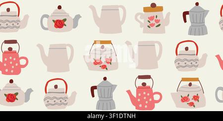 Seamless teapot and moka pot pattern with ceramic teapots, Italian espresso makers, coffee cups, and cozy kitchenware on a warm beige background, stylish autumn inspired repeat design for fabric, wallpaper, wrapping paper, cafe decor, kitchen textiles, and Scandinavian cottagecore projects Stock Vector