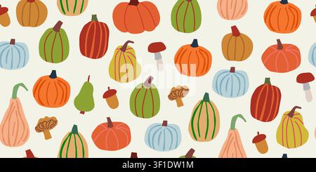 Seamless autumn harvest pattern with stylish pumpkins, mushrooms, and acorns in warm seasonal colors on a soft beige background, cozy Scandinavian inspired repeat design for kitchen textiles, wallpaper, wrapping paper, seasonal decor, and modern fall themed projects Stock Vector