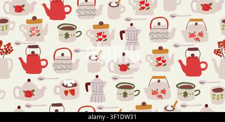 Seamless cozy teapot and coffee pot pattern with floral teapots, Italian moka pots, coffee cups, cocoa with marshmallows, spoons, and Scandinavian kitchenware on a warm beige background, charming repeat design for fabric, wallpaper, wrapping paper, kitchen decor, and cottagecore inspired projects Stock Vector