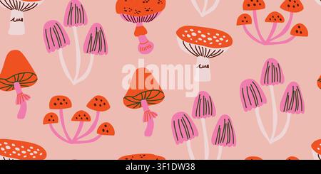 Seamless pink mushroom pattern with fly agarics and whimsical woodland fungi in soft red, pink, and cream tones on a dusty pink background, cute girly autumn repeat design for baby fabric, nursery wallpaper, kids textiles, wrapping paper, and cozy seasonal decor Stock Vector