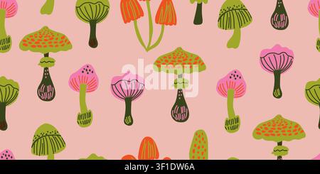 Seamless cute mushroom pattern with pink and green woodland fungi on a dusty pink background, playful unisex autumn repeat design for kids fabric, nursery wallpaper, baby textiles, wrapping paper, scrapbook paper, and cozy harvest themed decor Stock Vector